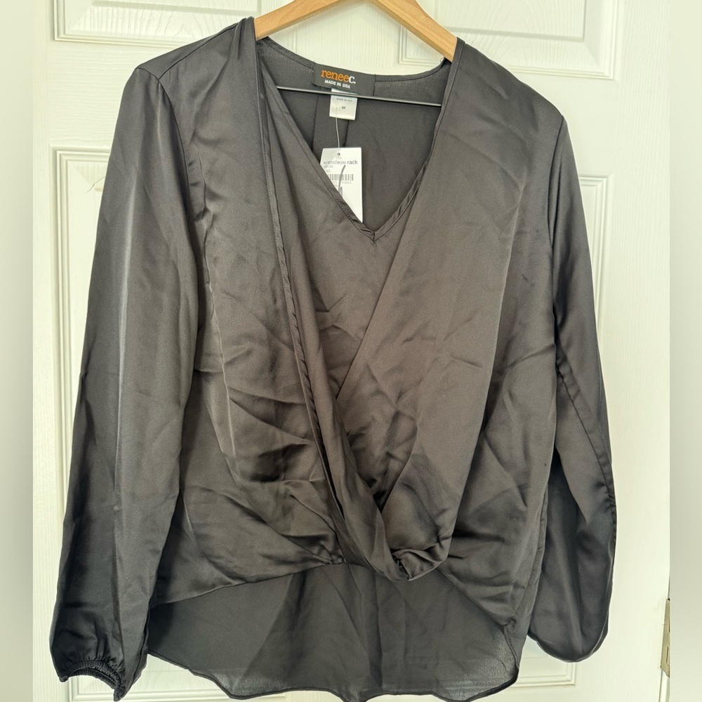 Renee C. Women's V neck black satin blouse top Size M NWT